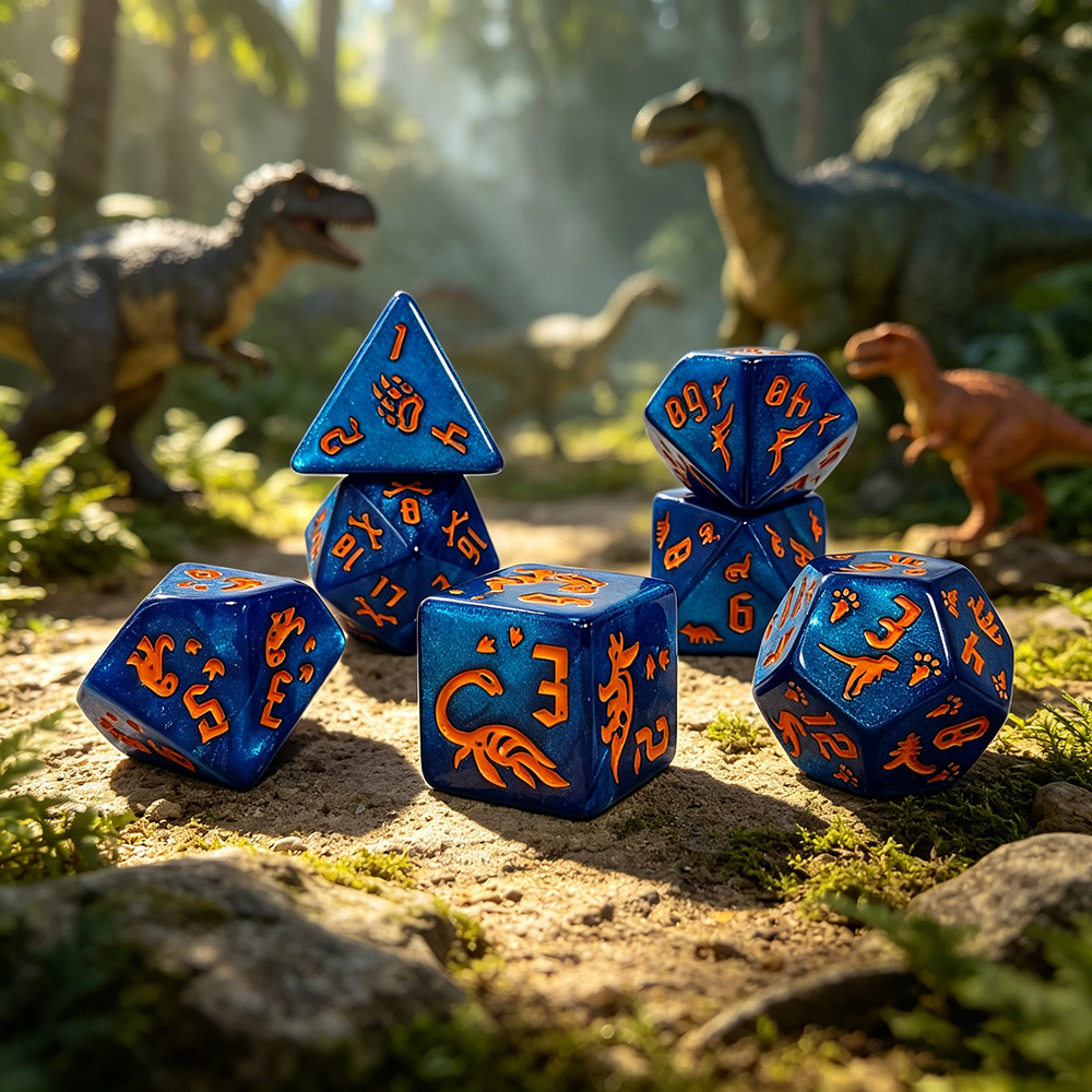 Dice Set Polyhedral - 7 adet Jurassic okyanus mavisi dinozor