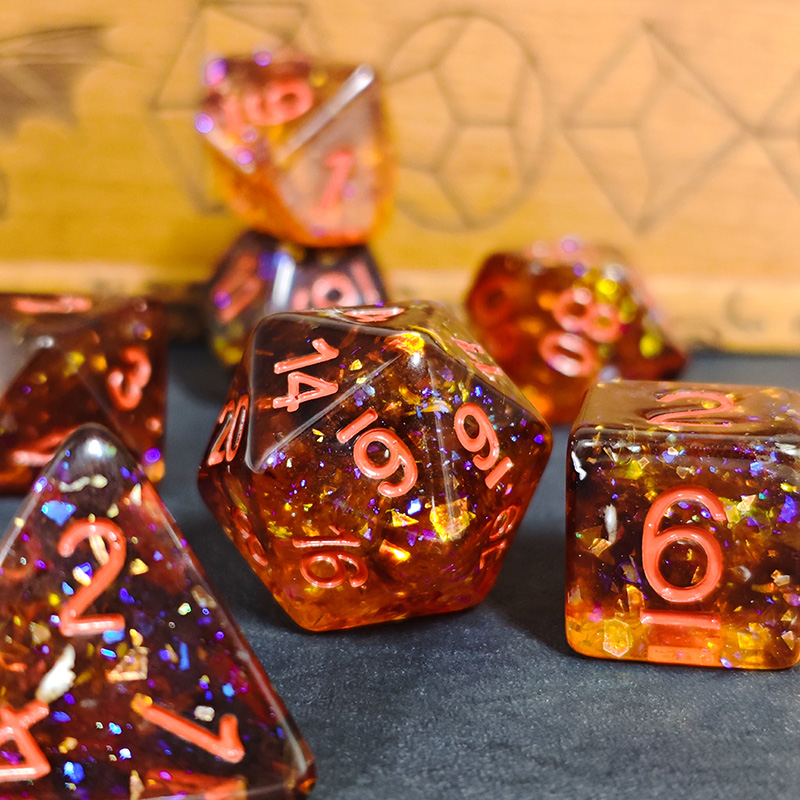 Dice Set Polyhedral - Ateş Turuncusu Konfeti Reçine Çokgen Zar
